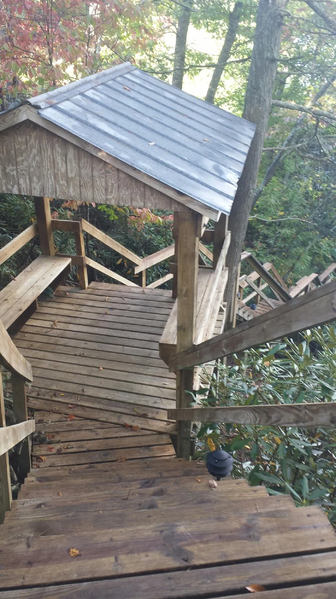 Metal roofed shelter over wooden steps on a wooded walkway — Skylight Repair & Installation work by our crew in Castleford